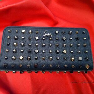 Christian Louboutin Wallet Navy Leather Stars/Studs Zip Around, 8" x 4" has COA